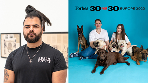 A collaged image of an portrait of Habib Hajallie on the left side of the image and Adelina Zotta and Connor Westby posing on a blue background with five different dogs. The image has the writing 'Forbes 30 under 30 Europe 2023' at the top of the image as the left part of the image.